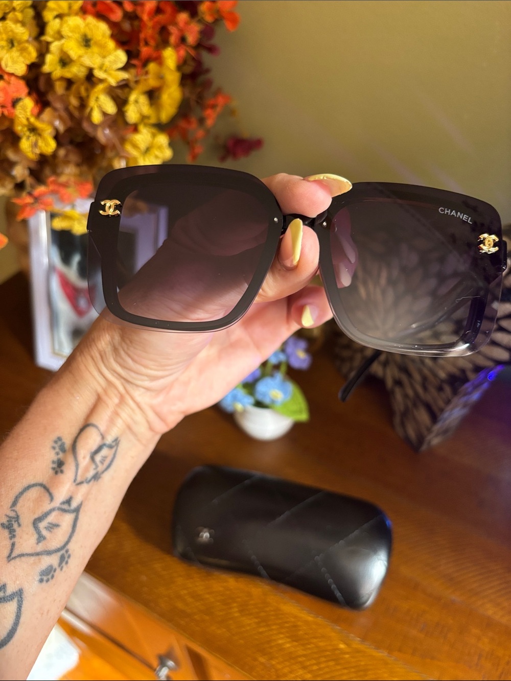 CHANEL Black Gradient Square Sunglasses with Gold CC Accents